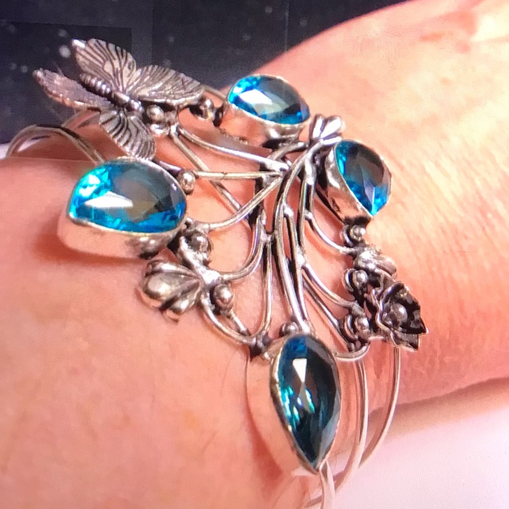 Stunning 925 Sterling Silver Blue Topaz Cuff Bracelet